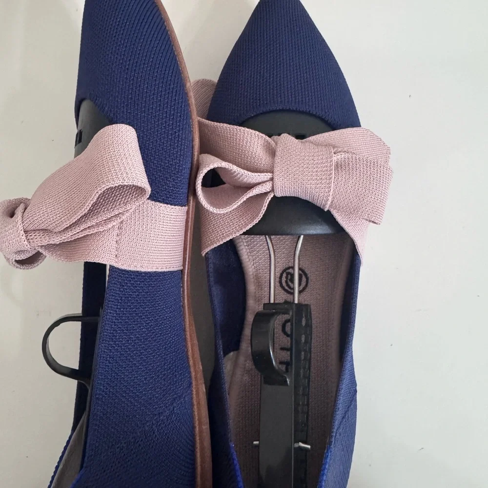 Rothy's Navy Flats with Blush Bow Accent - Picture 3 of 4